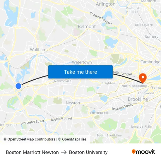 Boston Marriott Newton to Boston University map