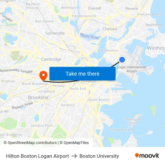 Hilton Boston Logan Airport to Boston University map