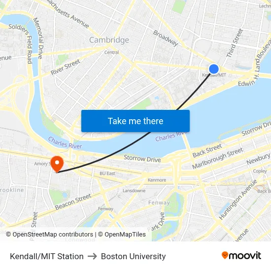 Kendall/MIT Station to Boston University map