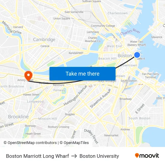 Boston Marriott Long Wharf to Boston University map