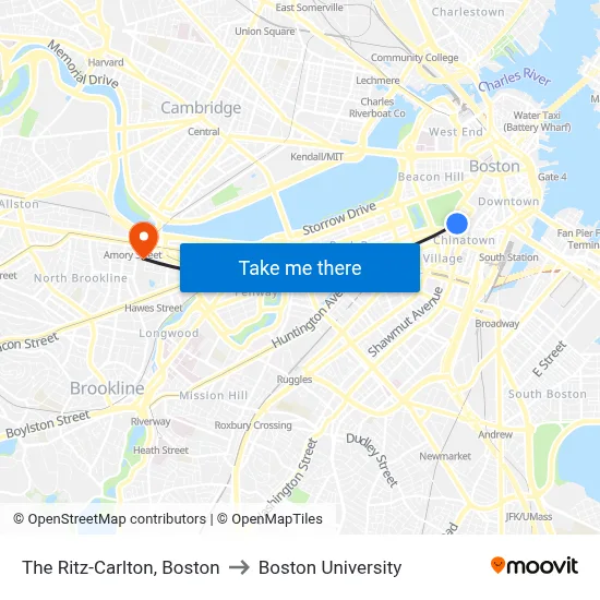 The Ritz-Carlton, Boston to Boston University map