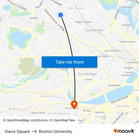 Davis Square to Boston University map
