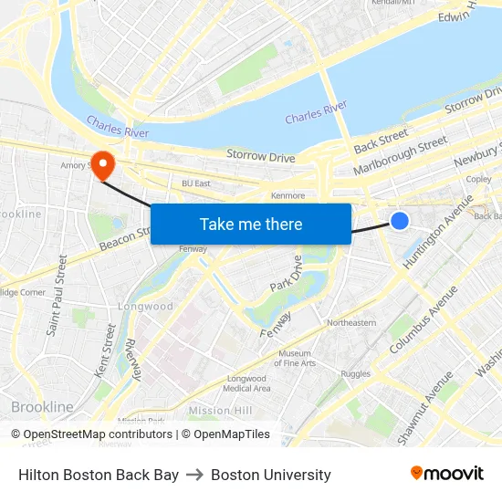 Hilton Boston Back Bay to Boston University map