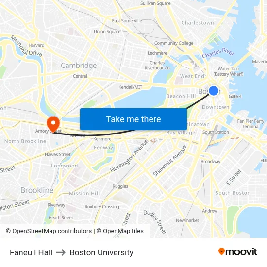 Faneuil Hall to Boston University map