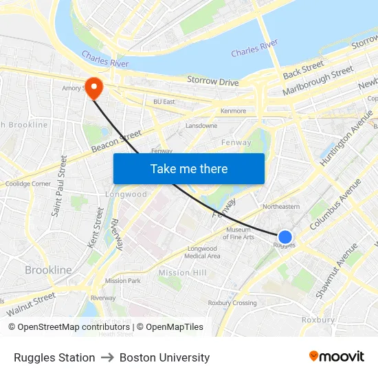 Ruggles Station to Boston University map