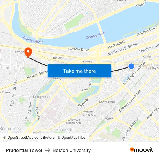 Prudential Tower to Boston University map