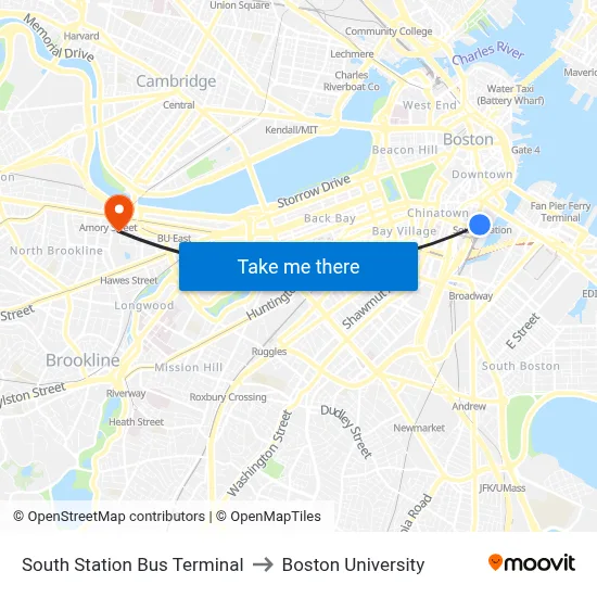 South Station Bus Terminal to Boston University map