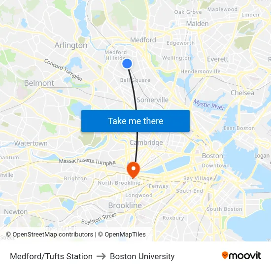 Medford/Tufts Station to Boston University map