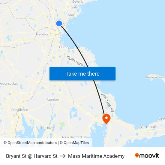 Bryant St @ Harvard St to Mass Maritime Academy map