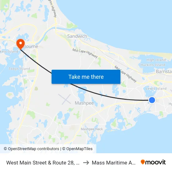 West Main Street & Route 28, Centerville to Mass Maritime Academy map