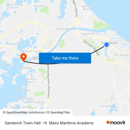 Sandwich Town Hall to Mass Maritime Academy map