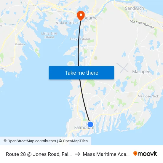 Route 28 @ Jones Road, Falmouth to Mass Maritime Academy map