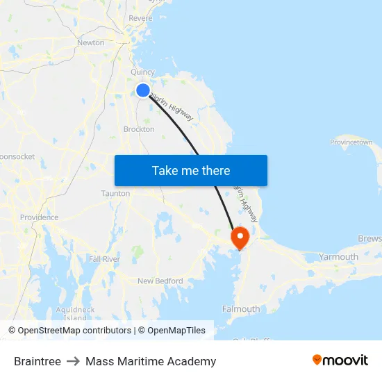Braintree to Mass Maritime Academy map