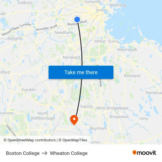 Boston College to Wheaton College map