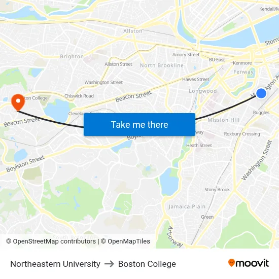 Northeastern University to Boston College map