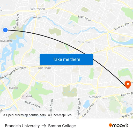 Brandeis University to Boston College map