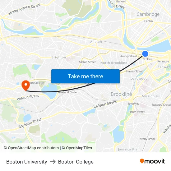 Boston University to Boston College map