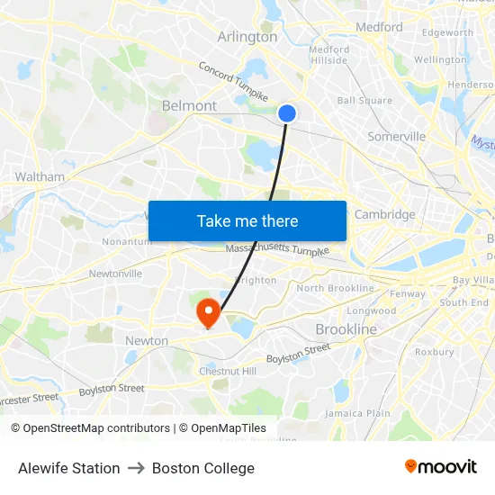 Alewife Station to Boston College map
