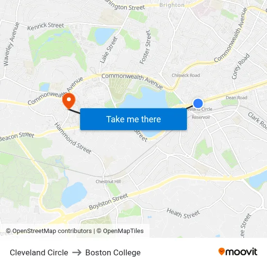 Cleveland Circle to Boston College map