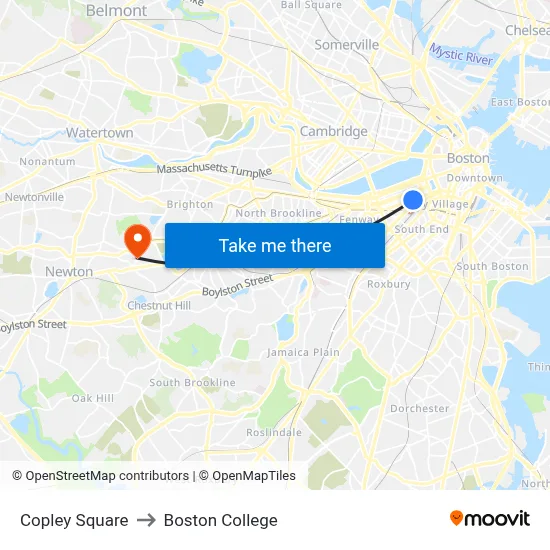 Copley Square to Boston College map