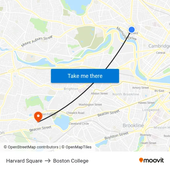 Harvard Square to Boston College map