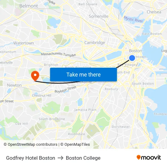 Godfrey Hotel Boston to Boston College map