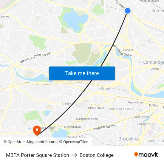 MBTA Porter Square Station to Boston College map
