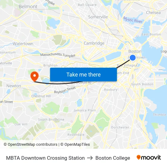 MBTA Downtown Crossing Station to Boston College map