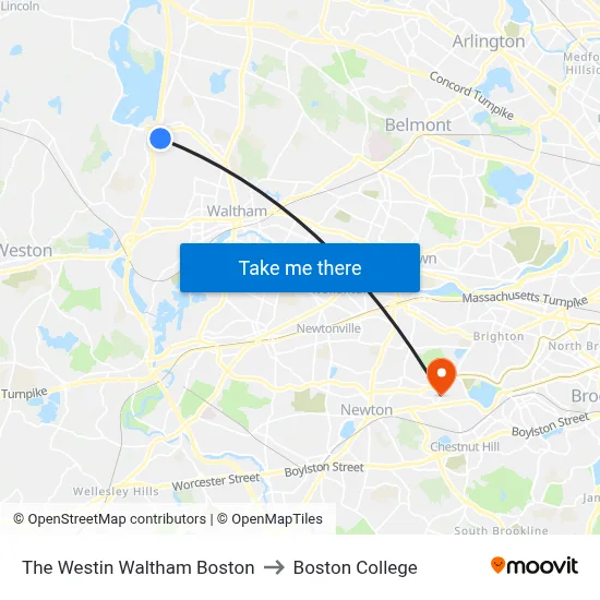 The Westin Waltham Boston to Boston College map