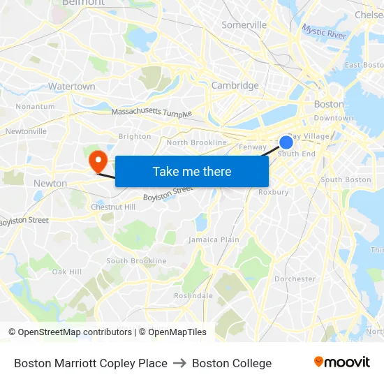 Boston Marriott Copley Place to Boston College map
