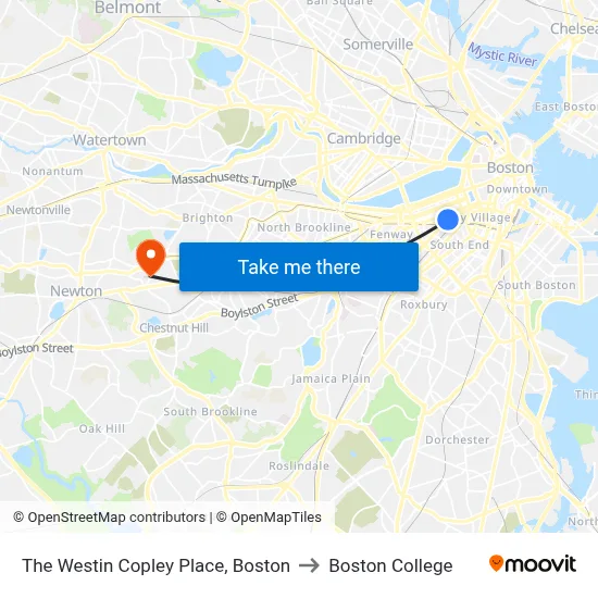 The Westin Copley Place, Boston to Boston College map