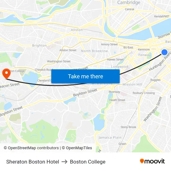 Sheraton Boston Hotel to Boston College map
