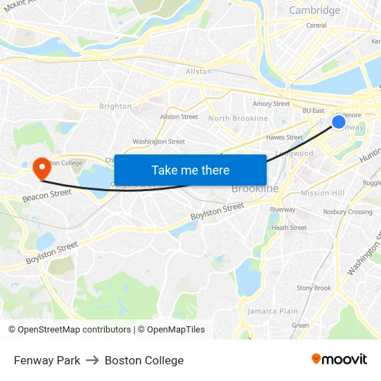 Fenway Park to Boston College map