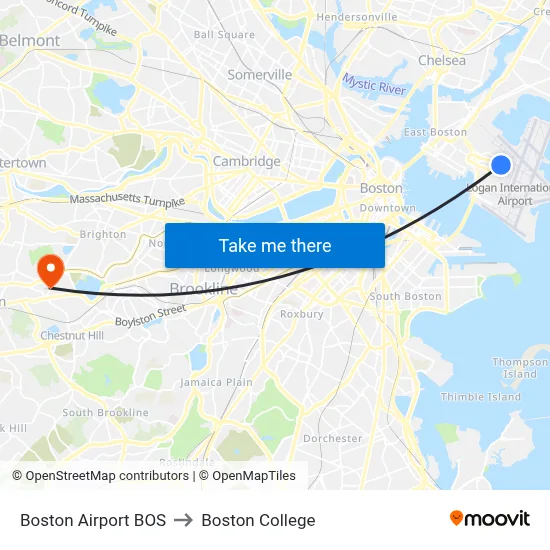 Boston Airport BOS to Boston College map
