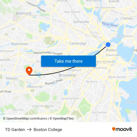 TD Garden to Boston College map