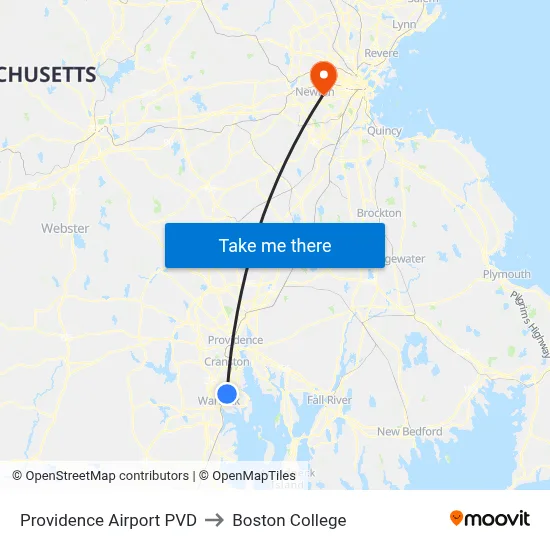 Providence Airport PVD to Boston College map