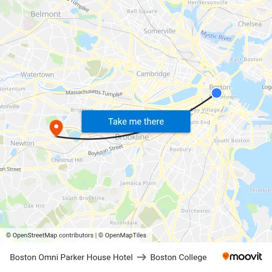 Boston Omni Parker House Hotel to Boston College map