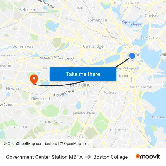 Government Center Station MBTA to Boston College map