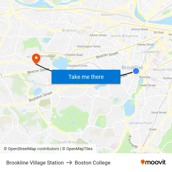 Brookline Village Station to Boston College map