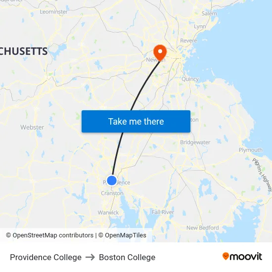 Providence College to Boston College map