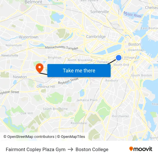 Fairmont Copley Plaza Gym to Boston College map
