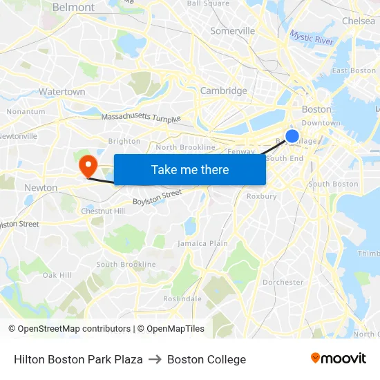Hilton Boston Park Plaza to Boston College map