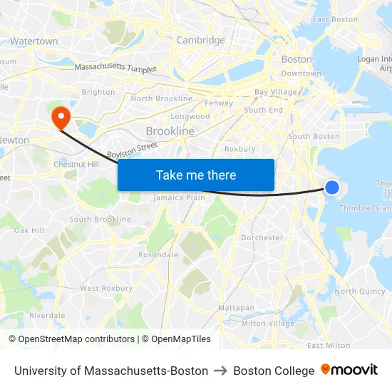 University of Massachusetts-Boston to Boston College map