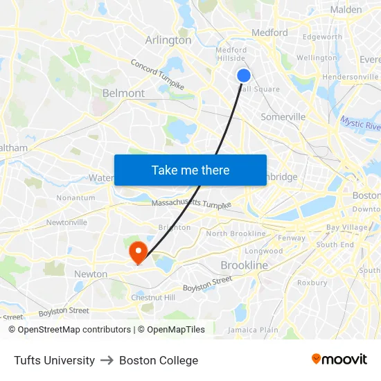 Tufts University to Boston College map