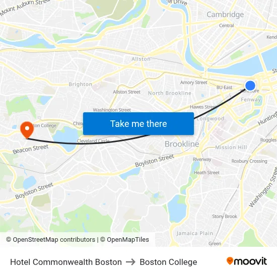 Hotel Commonwealth Boston to Boston College map