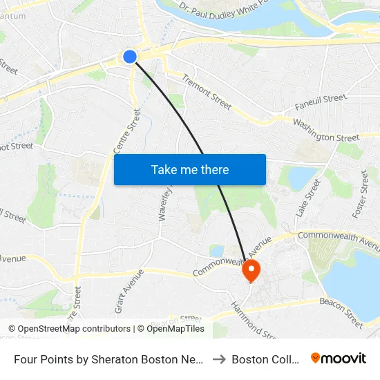 Crowne Plaza Boston Newton to Boston College map