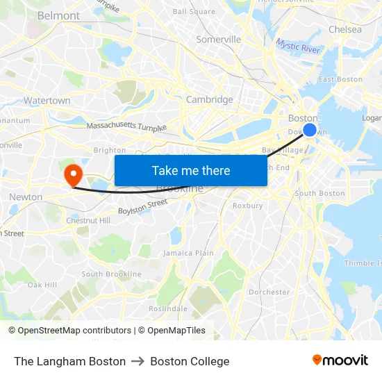 The Langham Boston to Boston College map