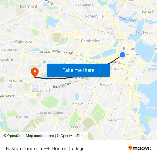 Boston Common to Boston College map
