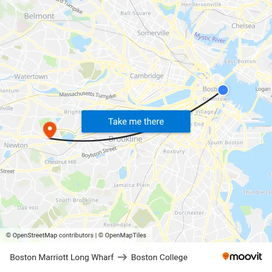 Boston Marriott Long Wharf to Boston College map