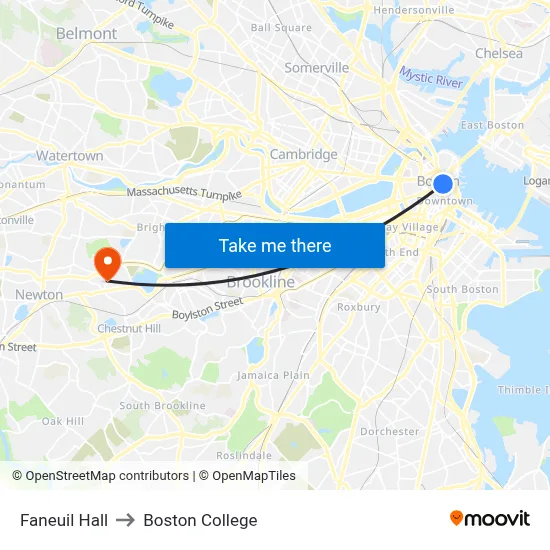 Faneuil Hall to Boston College map